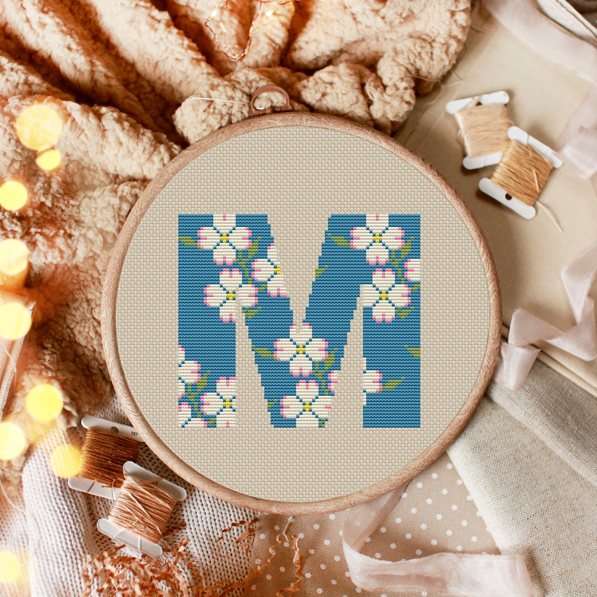 Floral Monogram M cross stitch pattern PDF Initial cross Etsy