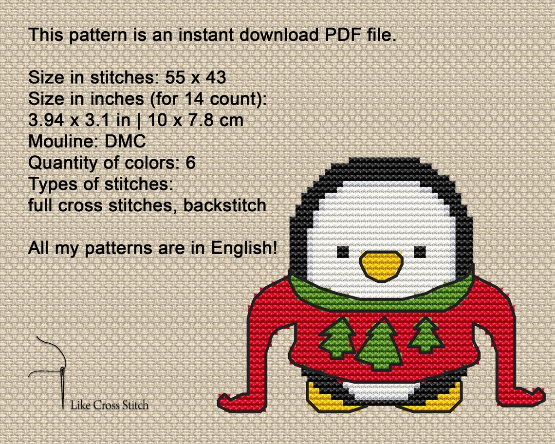 Christmas cross stitch penguin embroidery design