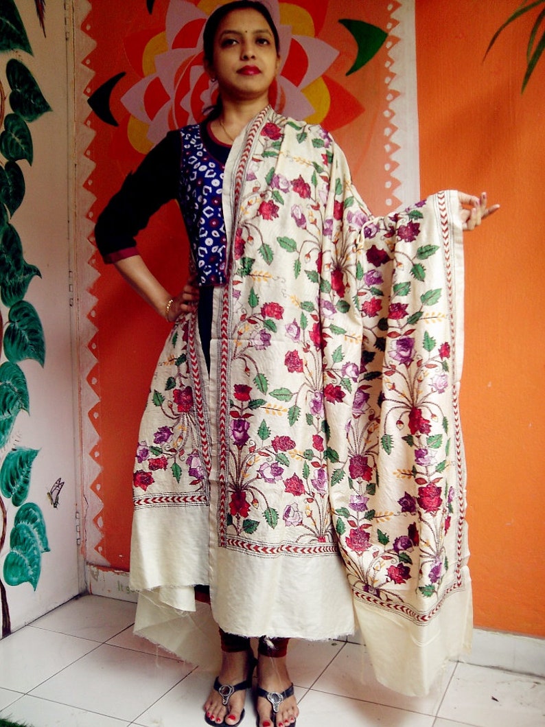 Silk Dupatta With Heavy Kantha Stitch Hand Embroidery. Etsy