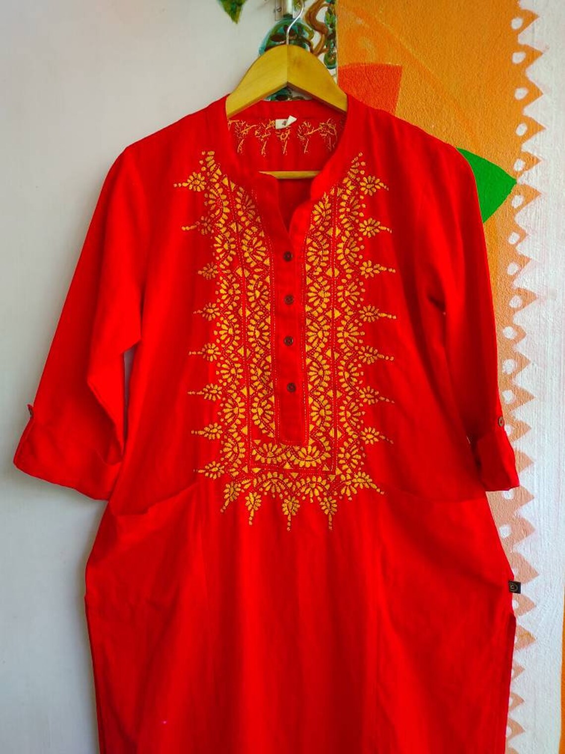 Cream Kantha Embroidered Cotton A-line Kurta