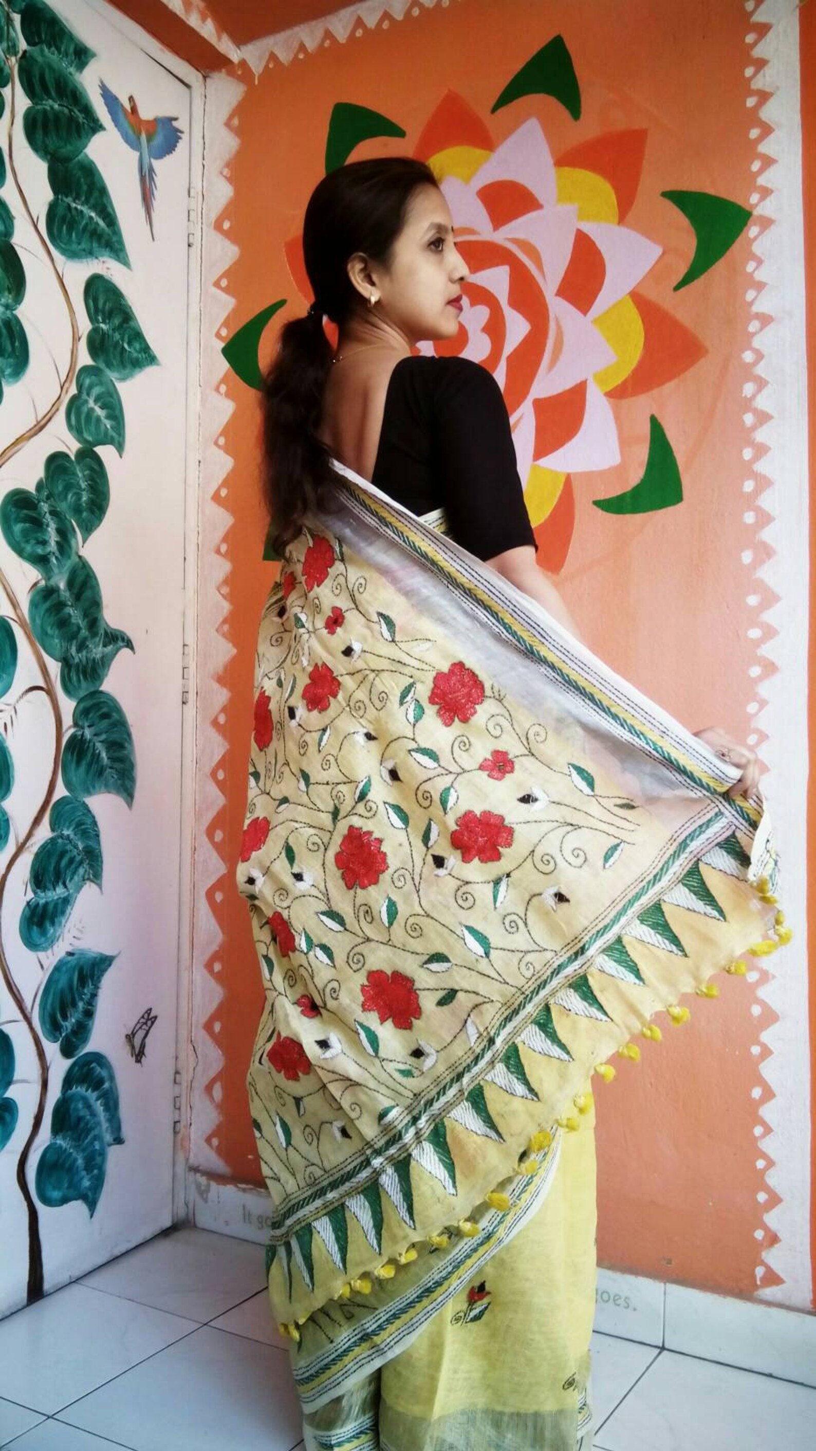 Kantha Stitch Premium Linen Saree With Elaborate Hand Etsy