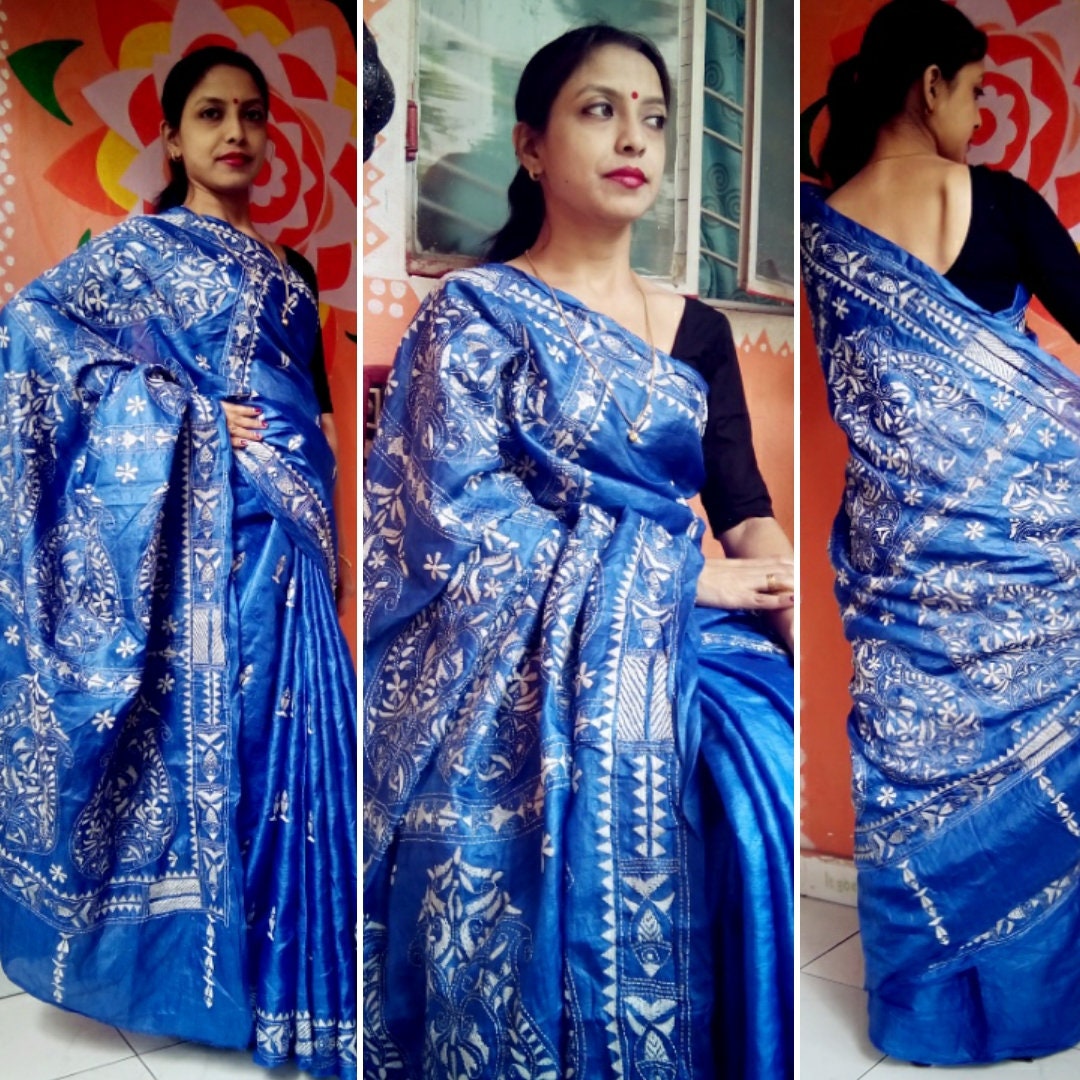 Kantha Stitch Silk Saree With Elaborate Hand Embroidered - Etsy