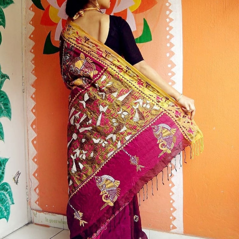 Kantha Stitch Silk Saree With Elaborate Hand Embroidered Etsy