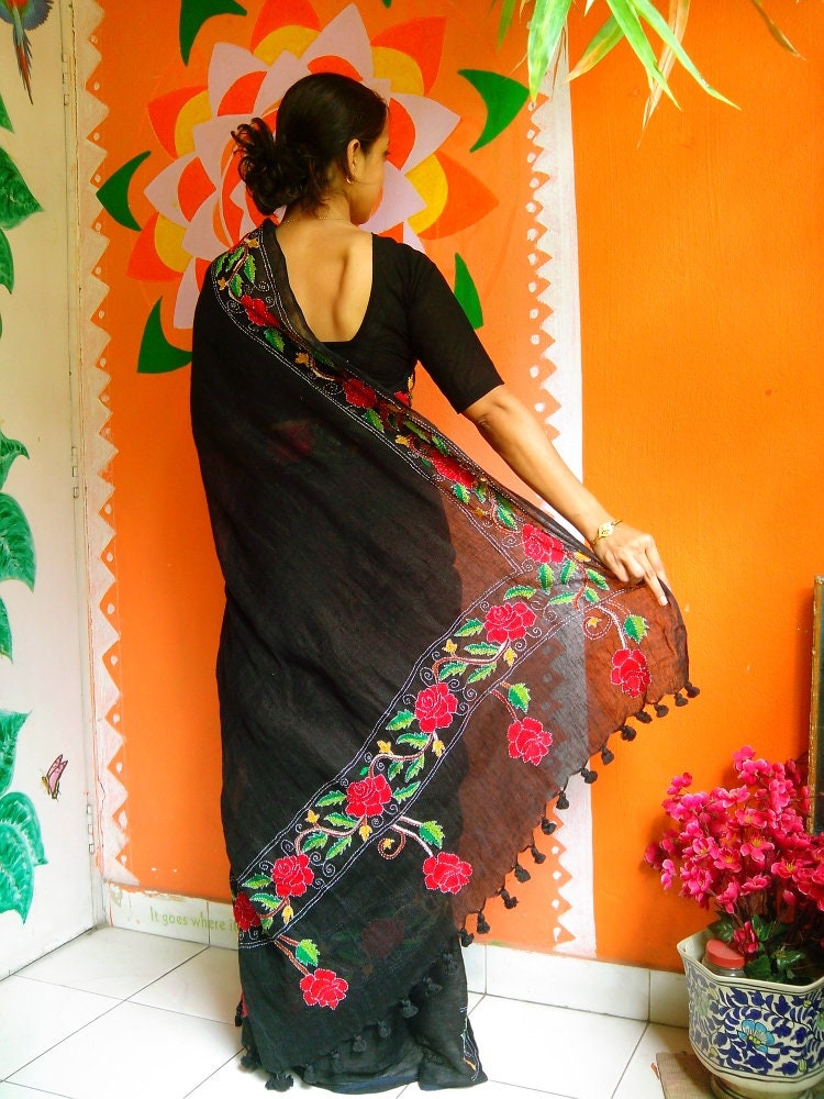 Kantha Stitch Linen Saree With Elaborate Hand Embroidered Etsy