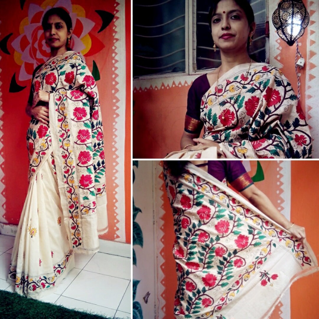 Kantha Stitch Silk Saree with Elaborate Hand Embroidered Etsy