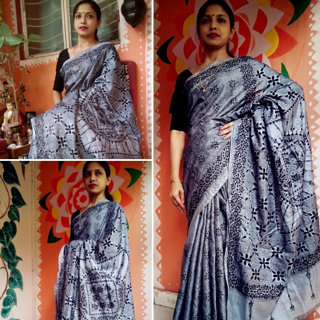 Kantha Stitch Silk Saree with Elaborate Hand Embroidered | Etsy