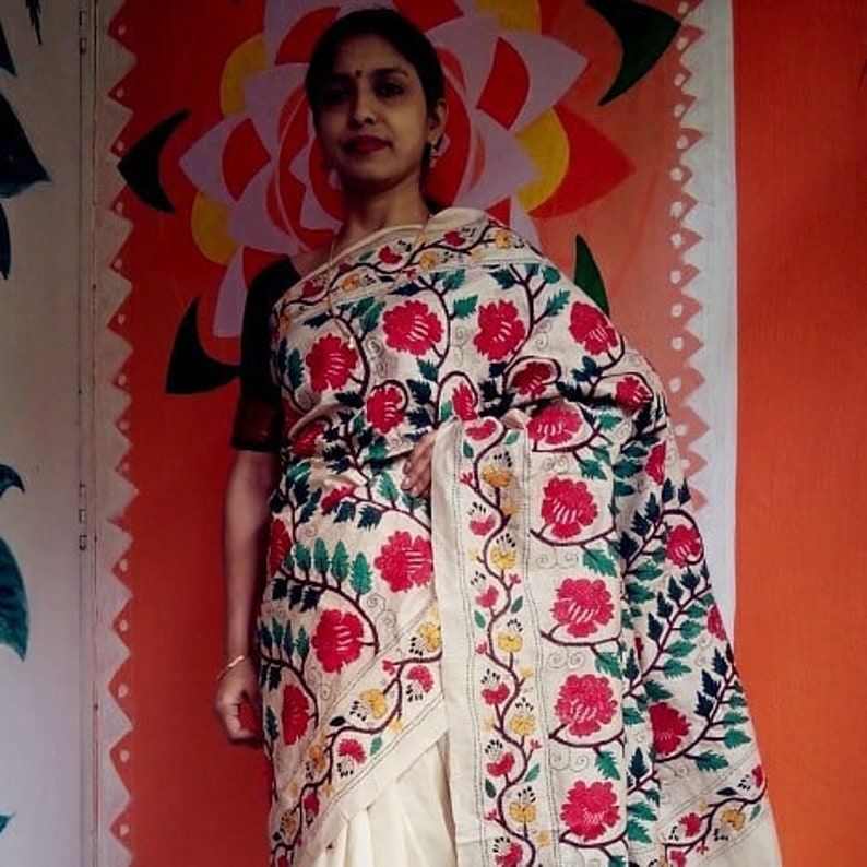 Kantha Stitch Silk Saree with Elaborate Hand Embroidered Etsy