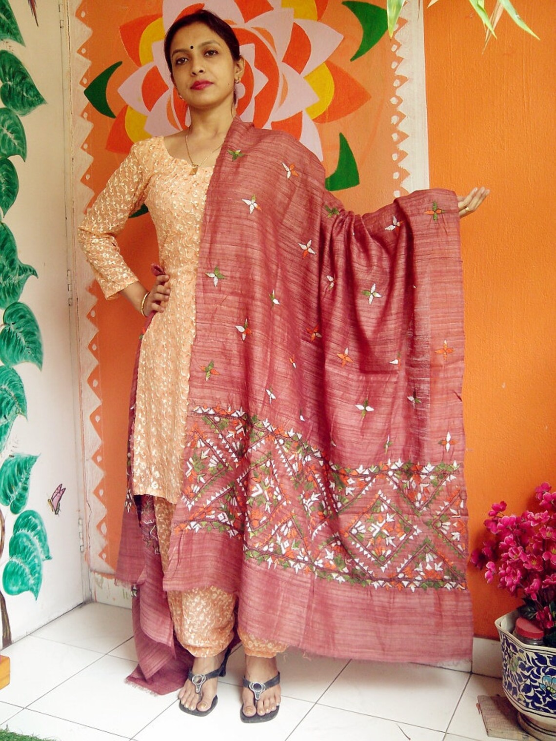 Tasshar Gicha Silk Dupatta With Kantha Stitch Hand Embroidery. Etsy