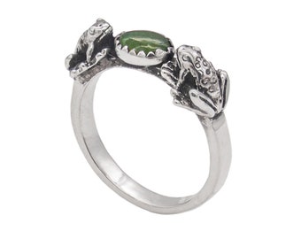 Bague grenouille double avec pierres précieuses, bague grenouilles en argent sterling, bijoux grenouille, véritables pierres précieuses, amphibiens, livraison gratuite aux États-Unis incluse