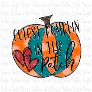 May include: A digital illustration of a pumpkin with orange and teal sections, white polka dots, and a brown stem. The text "Cutest Pumpkin in the Patch" is written across the pumpkin, with two red hearts on the left side.
