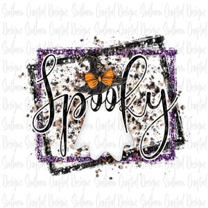 May include: A white ghost wearing a witch's hat with an orange bow, surrounded by black and white spots and a purple and black glittery frame. The word "Spooky" is written in black script.
