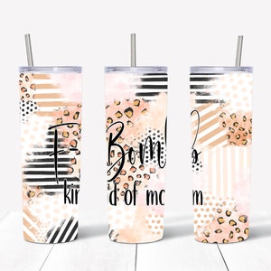 May include: Three stainless steel tumblers with lids and straws. Each tumbler has a different abstract design with black and white stripes, leopard print, and peach and white watercolour. The tumblers have the text "T-Bombs", "Kind of a big deal", and "Mom" on them.