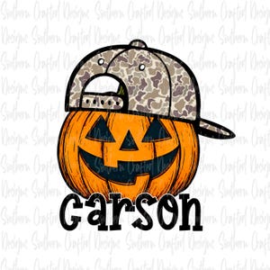 May include: An orange jack-o'-lantern wearing a camouflage baseball cap. The pumpkin has a carved face with a smiling expression. The name "Carson" is printed in black script below the pumpkin.