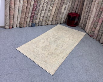 4x7 tapijt, beige groen Turks tapijt, Oushak tapijt, vintage tapijt, slaapkamer kinderen entree kantoor tapijt, handgemaakt tapijt, Boho tapijt 3.8x6.6 Ft