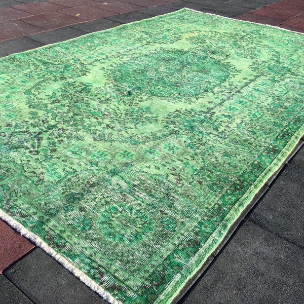 Überfärbte grüne Teppich, grüne Farbe Teppich, Vintage Teppich, türkische Teppich, anatolischen Teppich, Orantal Teppich, dekorative Teppich, Größe 9x5,5 ft (274cmx161cm)