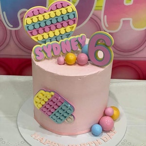 Pode incluir: Um bolo rosa decorado com um brinquedo pop-it em forma de cora&ccedil;&atilde;o, um n&uacute;mero 6 rosa e o nome "Sydney". O bolo &eacute; cercado por brinquedos pop-it coloridos e as palavras "Feliz anivers&aacute;rio" est&atilde;o escritas no suporte do bolo.