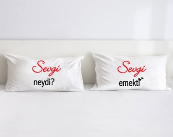 Sevgi Neydi Sevgi Emekti Design Pillowcase - Set of 2 - Pillowcases - Valantine's Day Pillowcase - Cotton Pillowcase - Pillowcase