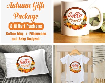 Hello Pumpkin Package - New Born Gift - Pillowcase -Baby Shower Gift - Baby Gift - Baby Body Suits - Mother and Child Gifts - Autumn Mug