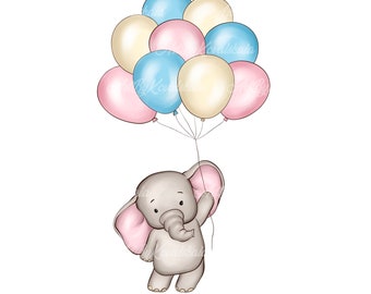 Elephant with Balloons Clipart: Baby Shower PNG (Digital Download)