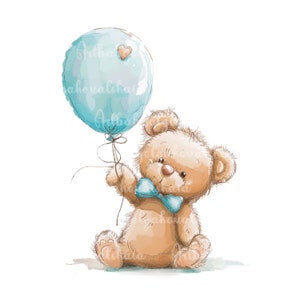 Teddybär PNG, niedlicher Bär Clipart, Ballon, Baby Shower Boy, digitaler Download