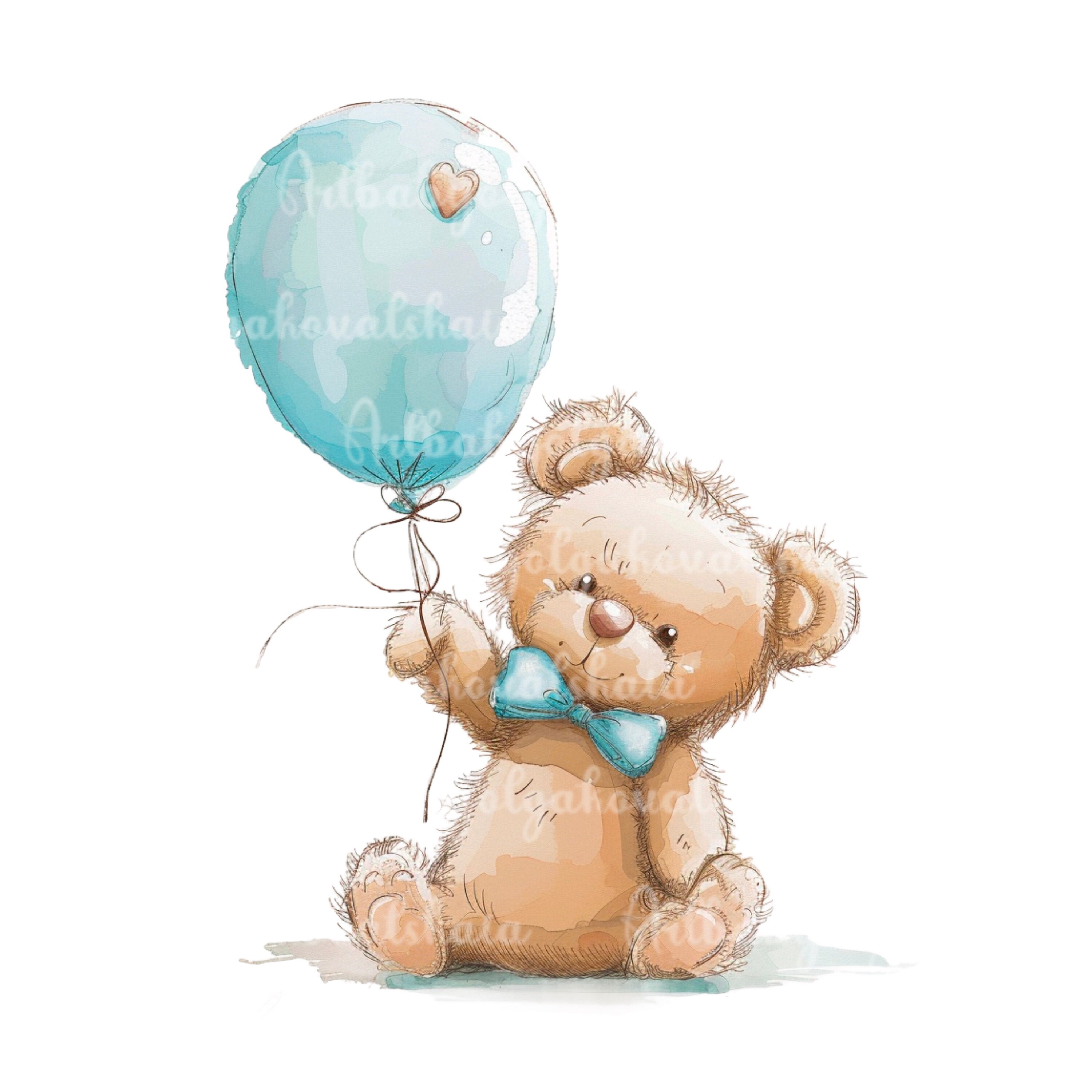 Teddy Bear Clipart: Baby Shower Boy With Blue Balloon (PNG Digital ...