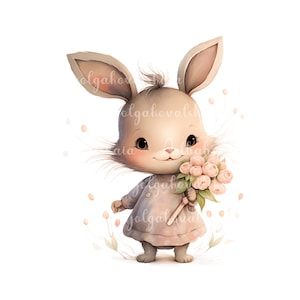 Bunny Clipart, Cute Bunny PNG, Rabbit, Flowers, Digital Download