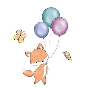 Fox Clipart PNG, Słodki Fox, Różowe Balony, Baby Shower Clipart, Pobieranie Cyfrowe