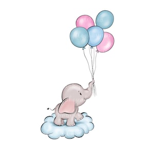 Elephant Clipart, Elephant Baby Shower, Elephant on a Cloud, Balloons PNG, Gender Reveal, Digital Download