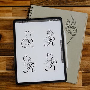 Diseño de tatuaje, tatuaje de gato, letra R, diseño de tatuaje personalizado, descarga digital