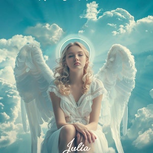 May include: A white angel with wings sits in a blue sky with white clouds. The angel has blonde hair and is wearing a white dress. The text "Rest In Heaven" is at the top of the image and "Julia 2000-2023" is at the bottom.