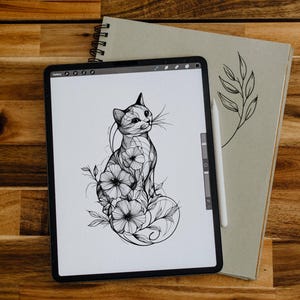 Floral Cat Tattoo Design: Personalized PNG (Digital Download)