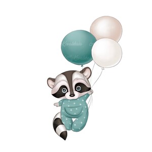May include: A cute raccoon wearing a blue and white polka dot onesie is holding onto three balloons. The balloons are white, cream, and teal.