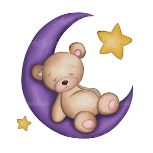 Teddy Bear Clipart, Teddy Bear Sleeping on Moon, Baby Shower Clipart, Digital Download, Commercial Use
