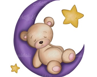 Teddy Bear Clipart, Teddy Bear Sleeping on Moon, Baby Shower Clipart, Digital Download, Uso Commerciale
