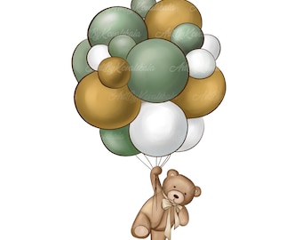 May include: A brown teddy bear holding onto a bunch of balloons. The balloons are green, white, and gold.