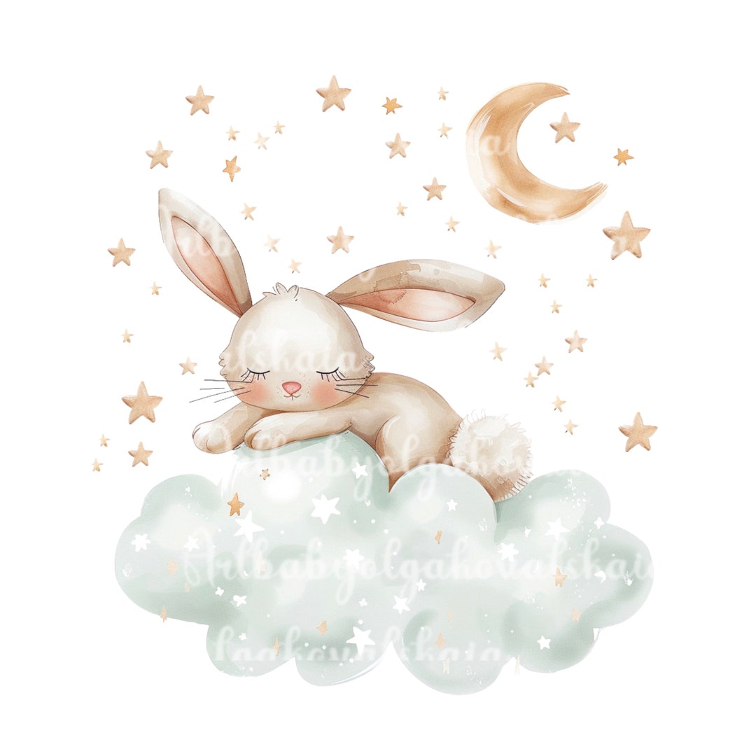 Watercolor Bunny Clipart: Sleeping Rabbit on Cloud (digital Download ...