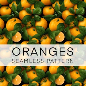 Op de afbeelding: Een naadloos patroon met feloranje sinaasappelen met groene bladeren en waterdruppels. De tekst "ORANGES SEAMLESS PATTERN" wordt onderaan de afbeelding weergegeven.