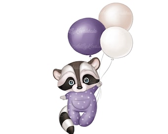 Baby Raccoon Clipart: Girl Shower PNG, Commercial Use (Digital Download)