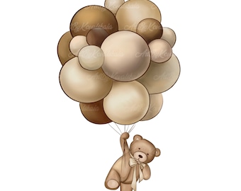 teddy bear holding brown balloons