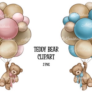 Op de afbeelding: Twee teddyberen die aan een bos ballonnen vasthouden. E&eacute;n beer houdt roze en bruine ballonnen vast, en de andere beer houdt blauwe en bruine ballonnen vast. De tekst "TEDDY BEAR CLIPART 2 PNG" staat onder de beren.