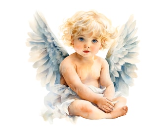 Watercolor Angel Clipart, Child Angel PNG, Baby Shower Boy, Digital Download