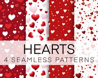 4 Seamless Hearts Patterns, Valentines Day, Love Hearts, Digital Paper Bundle, Instant Download