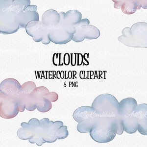 Watercolor Clouds Clipart, PNG, Digital Download