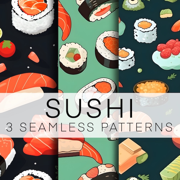 3 Seamless Patterns, Sushi Digital Paper, Food Wrap, Instant Download