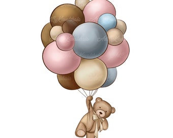 May include: A brown teddy bear holding onto a bunch of balloons. The balloons are in shades of brown, pink, blue, and beige.