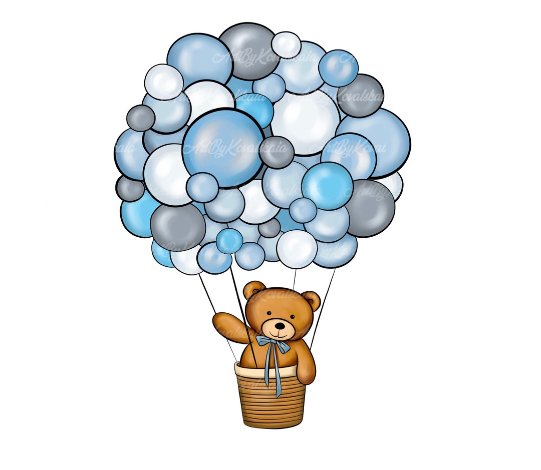 Teddy Bear Clipart, PNG, Baby Shower Boy, Air Balloon PNG, Digital ...