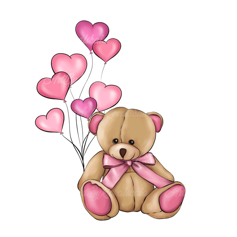 Teddy Bear With Heart Balloons Clipart: Valentine's Day PNG (digital ...