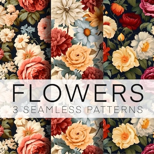 3 Seamless Pattern, Realistic 3D Flowers, Digital Paper Bundle, Instant Download