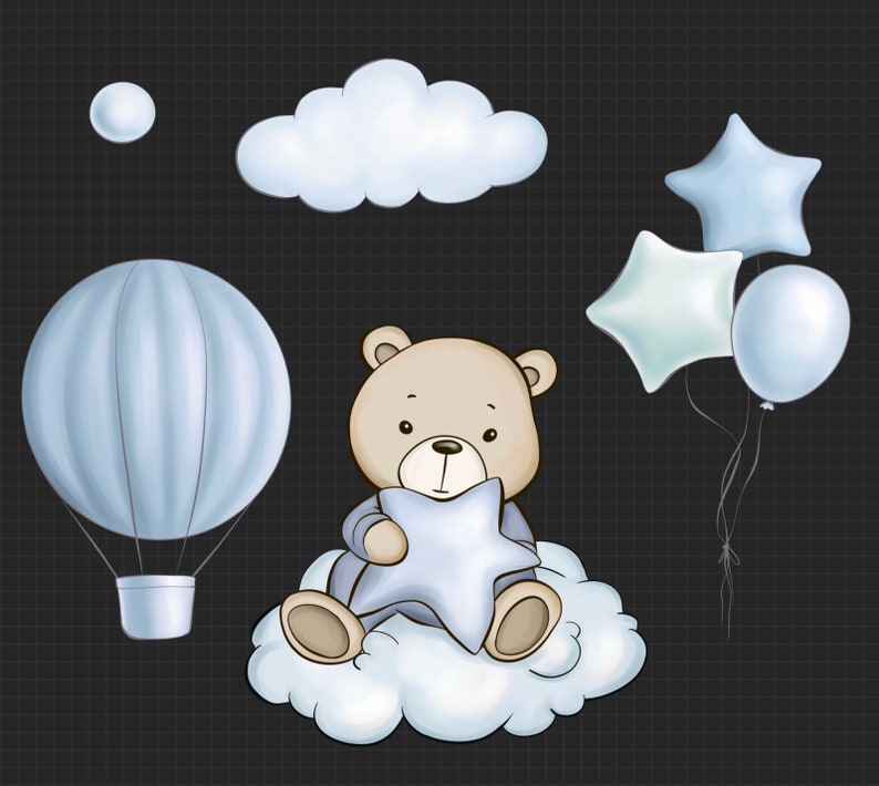 Teddy Bear Clipart: Baby Shower Boy, Air Balloon PNG (digital Download ...
