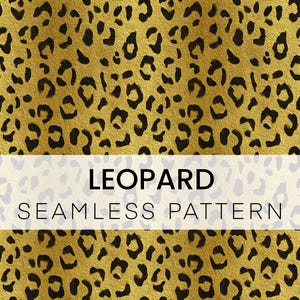 May include: A seamless leopard print pattern in gold and black. The design features a textured gold background with black spots. The text "LEOPARD SEAMLESS PATTERN" is displayed in a white banner across the image.